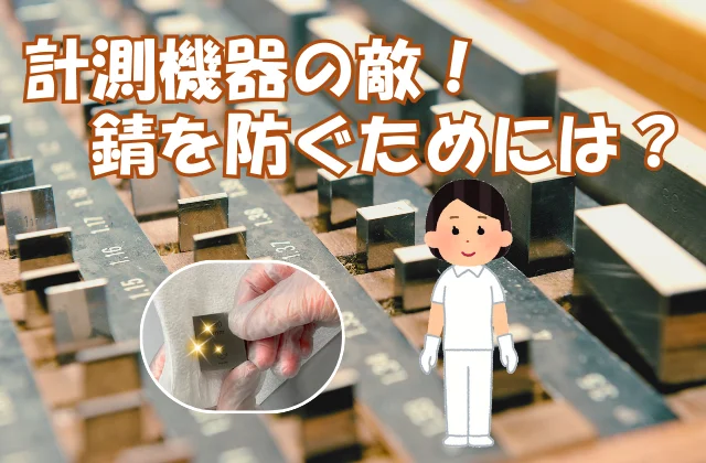 ブロックゲージのセット組を背景にブロックゲージを清掃する校正員
